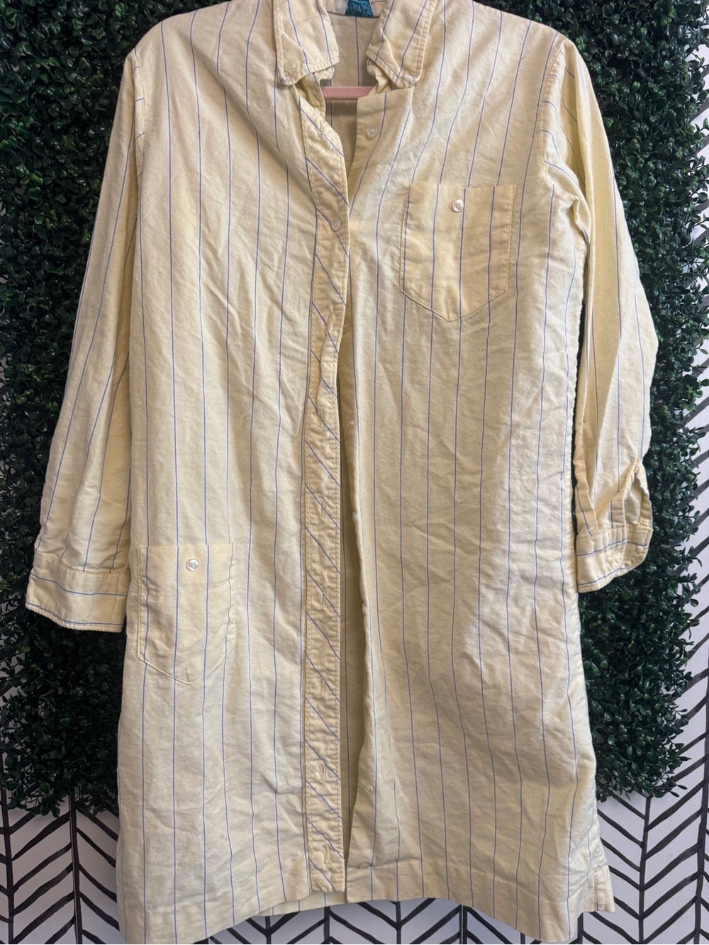 Vintage carol brent Light Yellow & blue Striped Button-Up Shirt Dress